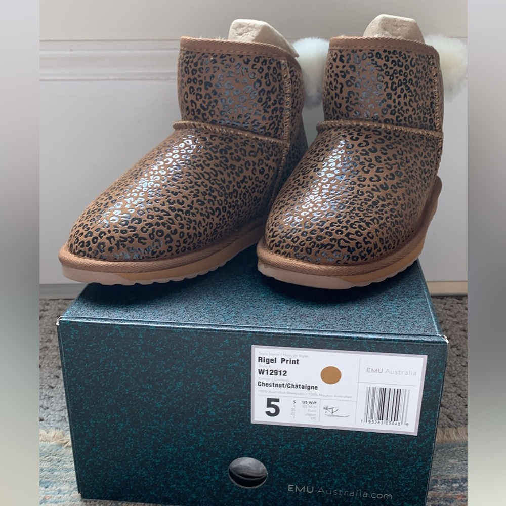 EMU Australia Leopard Print Short Bootie with pom pom back